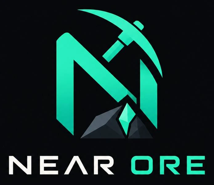 NearOre emblem with a mint pickaxe, angular N, rock and glowing ore